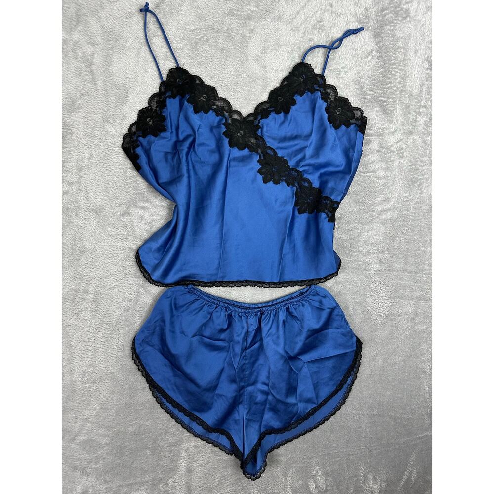 VTG Y2K Miss Elaine Blue Satin Slip Lace Camisole and Short Set Pajamas Size L
